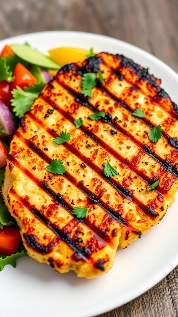 Grilled cauliflower steak with grill marks, garnished with parsley, served on a plate with salad on a wooden table.